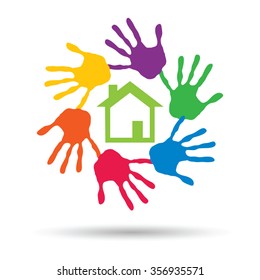 Vector concept or conceptual green house or building sign or symbol with child or human handprints circle isolated on white background, metaphor to environment, home, eco, ecology, peace, energy home