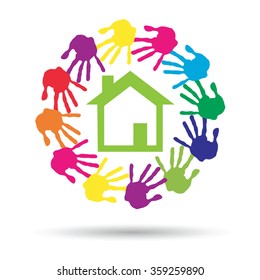 Vector concept or conceptual green house or building sign or symbol with child or human handprints circle isolated on white background, metaphor to environment, home, eco, ecology, peace, energy home