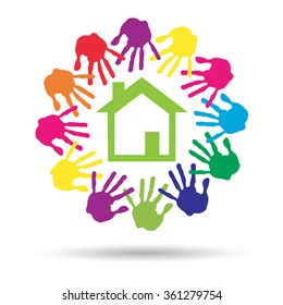 Vector concept or conceptual green house or building sign or symbol with child or human handprints circle isolated on white background, metaphor to environment, home, eco, ecology, peace, energy home