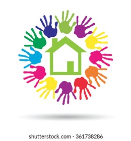 Concepto vectorial o casa verde conceptual o símbolo de construcción con círculo de huellas dactilares infantiles o humanas aisladas en fondo blanco, metáfora al medio ambiente, hogar, eco, ecología, paz, hogar energético