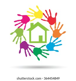 Concepto vectorial o casa verde conceptual o símbolo de construcción con círculo de huellas dactilares infantiles o humanas aisladas en fondo blanco, metáfora al medio ambiente, hogar, eco, ecología, paz, hogar energético