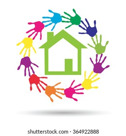 Concepto vectorial o casa verde conceptual o símbolo de construcción con círculo de huellas dactilares infantiles o humanas aisladas en fondo blanco, metáfora al medio ambiente, hogar, eco, ecología, paz, hogar energético