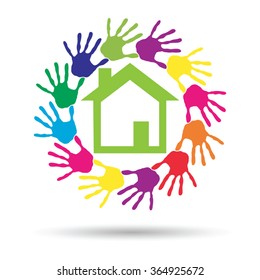 Vector concept or conceptual green house or building sign or symbol with child or human handprints circle isolated on white background, metaphor to environment, home, eco, ecology, peace, energy home