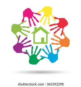 Vector concept or conceptual green house or building sign or symbol with child or human handprints circle isolated on white background, metaphor to environment, home, eco, ecology, peace, energy home