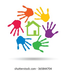 Vectorkonzept oder konzeptionelles grünes Haus oder Bauzeichen oder Symbol mit Kind- oder menschlichem Handdruckkreis einzeln auf weißem Hintergrund, Metapher für Umwelt, Haushalt, Ökologie, Umwelt, Frieden, Energiezuhause
