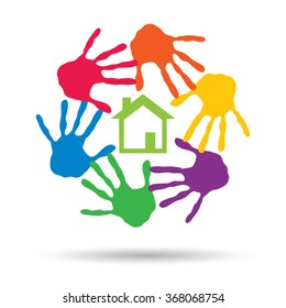 Concepto vectorial o casa verde conceptual o símbolo de construcción con círculo de huellas dactilares infantiles o humanas aisladas en fondo blanco, metáfora al medio ambiente, hogar, eco, ecología, paz, hogar energético