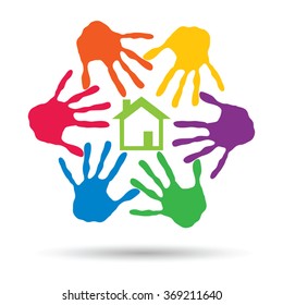 Vectorkonzept oder konzeptionelles grünes Haus oder Bauzeichen oder Symbol mit Kind- oder menschlichem Handdruckkreis einzeln auf weißem Hintergrund, Metapher für Umwelt, Haushalt, Ökologie, Umwelt, Frieden, Energiezuhause
