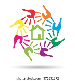 Vector concept or conceptual green house or building sign or symbol with child or human handprints circle isolated on white background, metaphor to environment, home, eco, ecology, peace, energy home