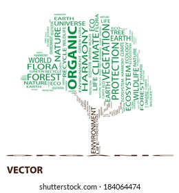 Vector concept or conceptual green text word cloud as tree isolated on black background, metaphor to nature, ecology, green, energy, natural, life, world or global, protect, environmental or recycling