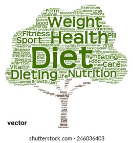 Vector concept or conceptual green text word cloud or tagcloud tree isolated on white background, metaphor to health, nutrition, diet, healthy, wellness, body, energy, medical, sport, heart or science