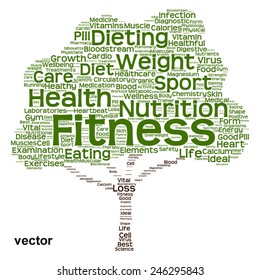 Vector concept or conceptual green text word cloud or tagcloud tree isolated on white background, metaphor to health, nutrition, diet, healthy, wellness, body, energy, medical, sport, heart or science