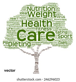 Vector concept or conceptual green text word cloud or tagcloud tree isolated on white background, metaphor to health, nutrition, diet, healthy, wellness, body, energy, medical, sport, heart or science