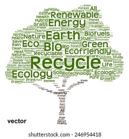 Concepto vectorial o nube de palabras de texto verde conceptual como árbol aislado en fondo blanco, metáfora a la naturaleza, la ecología, la energía, la naturaleza, la vida, el mundo, global, proteger, el medio ambiente, el biocombustible o el reciclado