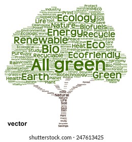 Concepto vectorial o nube de palabras de texto verde conceptual como árbol aislado en fondo blanco, metáfora a la naturaleza, la ecología, la energía, la naturaleza, la vida, el mundo, global, proteger, el medio ambiente, el biocombustible o el reciclado