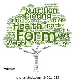 Vector concept or conceptual green text word cloud or tagcloud tree isolated on white background, metaphor to health, nutrition, diet, healthy, wellness, body, energy, medical, sport, heart or science