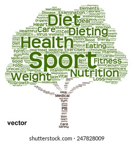Vector concept or conceptual green text word cloud or tagcloud tree isolated on white background, metaphor to health, nutrition, diet, healthy, wellness, body, energy, medical, sport, heart or science