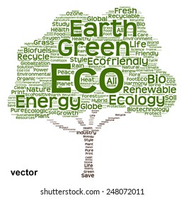 Vector concept or conceptual green text word cloud as tree isolated on white background, metaphor to nature, ecology, energy, natural, life, world, global, protect, environmental, biofuel or recycling