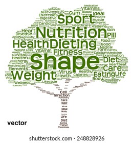 Vector concept or conceptual green text word cloud or tagcloud tree isolated on white background, metaphor to health, nutrition, diet, healthy, wellness, body, energy, medical, sport, heart or science