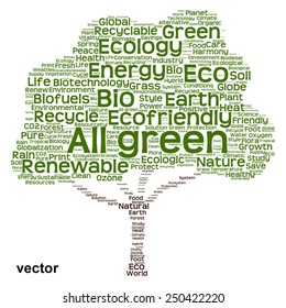 Vectorkonzept oder konzeptuell grüner Textwortwolke als Baum einzeln auf weißem Hintergrund, Metapher für Natur, Umwelt, Energie, Natur, Leben, Welt, Global, Schutz, Umwelt, Biokraftstoff oder Recycling