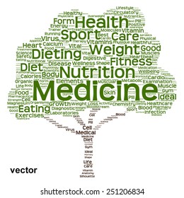 Vektorkonzept oder konzeptueller Grüner Textwolke oder Tagcloudbaum einzeln auf weißem Hintergrund, Metapher für Gesundheit, Ernährung, Ernährung, Ernährung, Gesundheit, Wellness, Körper, Energie, Medizin, Sport, Herz oder Wissenschaft