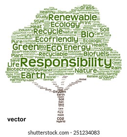 Vector concept or conceptual green text word cloud as tree isolated on white background, metaphor to nature, ecology, energy, natural, life, world, global, protect, environmental, biofuel or recycling