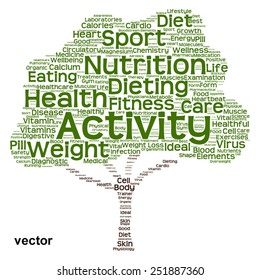 Vector concept or conceptual green text word cloud or tagcloud tree isolated on white background, metaphor to health, nutrition, diet, healthy, wellness, body, energy, medical, sport, heart or science