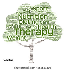 Vector concept or conceptual green text word cloud or tagcloud tree isolated on white background, metaphor to health, nutrition, diet, healthy, wellness, body, energy, medical, sport, heart or science