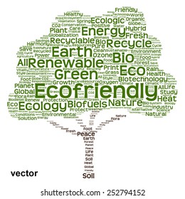 Concepto vectorial o nube de palabras de texto verde conceptual como árbol aislado en fondo blanco, metáfora a la naturaleza, la ecología, la energía, la naturaleza, la vida, el mundo, global, proteger, el medio ambiente, el biocombustible o el reciclado