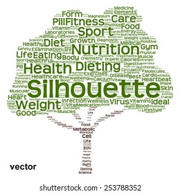 Vector concept or conceptual green text word cloud or tagcloud tree isolated on white background, metaphor to health, nutrition, diet, healthy, wellness, body, energy, medical, sport, heart or science