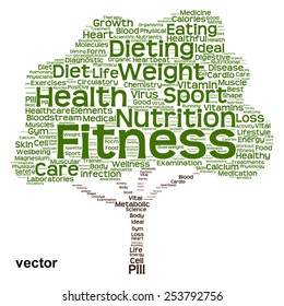 Vector concept or conceptual green text word cloud or tagcloud tree isolated on white background, metaphor to health, nutrition, diet, healthy, wellness, body, energy, medical, sport, heart or science