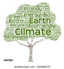 Vector concept or conceptual green text word cloud as tree isolated on white background, metaphor to nature, ecology, energy, natural, life, world, global, protect, environmental, biofuel or recycling