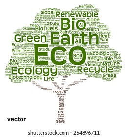 Vector concept or conceptual green text word cloud as tree isolated on white background, metaphor to nature, ecology, energy, natural, life, world, global, protect, environmental, biofuel or recycling