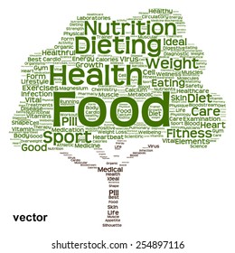 Concepto vectorial o texto verde conceptual palabra nube o árbol tagcloud aislado en fondo blanco, metáfora a la salud, nutrición, dieta, salud, bienestar, cuerpo, energía, medicina, deporte, corazón o ciencia