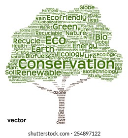 Vector concept or conceptual green text word cloud as tree isolated on white background, metaphor to nature, ecology, energy, natural, life, world, global, protect, environmental, biofuel or recycling