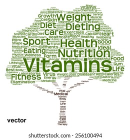 Vector concept or conceptual green text word cloud or tagcloud tree isolated on white background, metaphor to health, nutrition, diet, healthy, wellness, body, energy, medical, sport, heart or science
