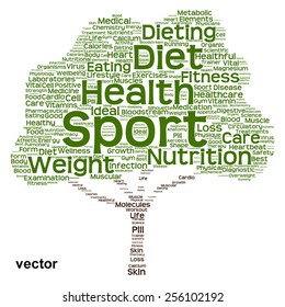 Vector concept or conceptual green text word cloud or tagcloud tree isolated on white background, metaphor to health, nutrition, diet, healthy, wellness, body, energy, medical, sport, heart or science