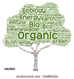 Concepto vectorial o nube de palabras de texto verde conceptual como árbol aislado en fondo blanco, metáfora a la naturaleza, la ecología, la energía, la naturaleza, la vida, el mundo, global, proteger, el medio ambiente, el biocombustible o el reciclado