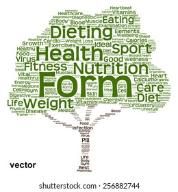 Vector concept or conceptual green text word cloud or tagcloud tree isolated on white background, metaphor to health, nutrition, diet, healthy, wellness, body, energy, medical, sport, heart or science