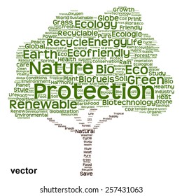 Concepto vectorial o nube de palabras de texto verde conceptual como árbol aislado en fondo blanco, metáfora a la naturaleza, la ecología, la energía, la naturaleza, la vida, el mundo, global, proteger, el medio ambiente, el biocombustible o el reciclado