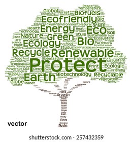Concepto vectorial o nube de palabras de texto verde conceptual como árbol aislado en fondo blanco, metáfora a la naturaleza, la ecología, la energía, la naturaleza, la vida, el mundo, global, proteger, el medio ambiente, el biocombustible o el reciclado
