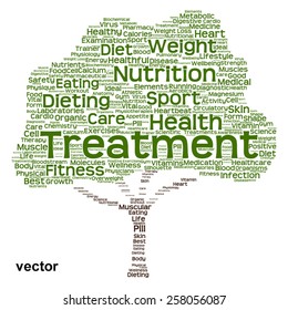 Vector concept or conceptual green text word cloud or tagcloud tree isolated on white background, metaphor to health, nutrition, diet, healthy, wellness, body, energy, medical, sport, heart or science