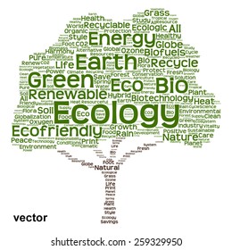 Vector concept or conceptual green text word cloud as tree isolated on white background, metaphor to nature, ecology, energy, natural, life, world, global, protect, environmental, biofuel or recycling