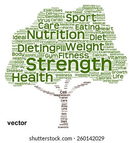 Vector concept or conceptual green text word cloud or tagcloud tree isolated on white background, metaphor to health, nutrition, diet, healthy, wellness, body, energy, medical, sport, heart or science