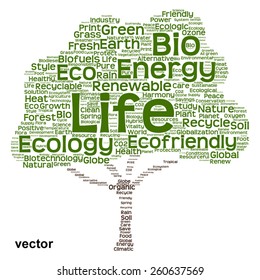 Vector concept or conceptual green text word cloud as tree isolated on white background, metaphor to nature, ecology, energy, natural, life, world, global, protect, environmental, biofuel or recycling