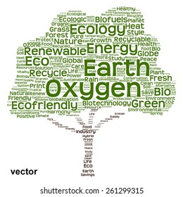 Concepto vectorial o nube de palabras de texto verde conceptual como árbol aislado en fondo blanco, metáfora a la naturaleza, la ecología, la energía, la naturaleza, la vida, el mundo, global, proteger, el medio ambiente, el biocombustible o el reciclado