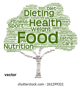 Vector concept or conceptual green text word cloud or tagcloud tree isolated on white background, metaphor to health, nutrition, diet, healthy, wellness, body, energy, medical, sport, heart or science