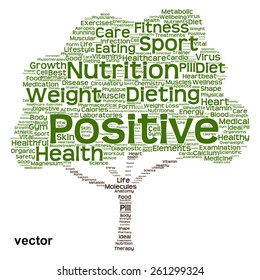 Vector concept or conceptual green text word cloud or tagcloud tree isolated on white background, metaphor to health, nutrition, diet, healthy, wellness, body, energy, medical, sport, heart or science