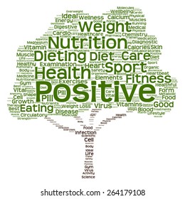 Vector concept or conceptual green text word cloud or tagcloud tree isolated on white background, metaphor to health, nutrition, diet, healthy, wellness, body, energy, medical, sport, heart or science