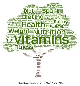 Vector concept or conceptual green text word cloud or tagcloud tree isolated on white background, metaphor to health, nutrition, diet, healthy, wellness, body, energy, medical, sport, heart or science