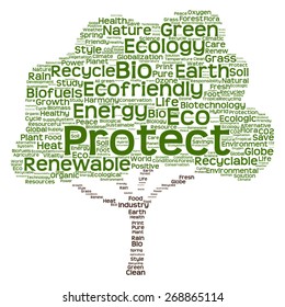 Concepto vectorial o nube de palabras de texto verde conceptual como árbol aislado en fondo blanco, metáfora a la naturaleza, la ecología, la energía, la naturaleza, la vida, el mundo, global, proteger, el medio ambiente, el biocombustible o el reciclado